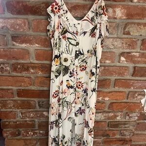 Lulu's Ivory Floral Button-Front Maxi Dress with Green & Orange Accents